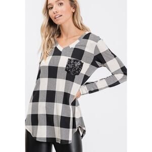 Heimish‎ Womens Long Sleeve Buffalo Plaid Top With Sequin Pocket 3x Fall Winter